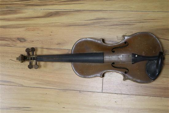 Three half size violins, a quantity of bows and six violin cases